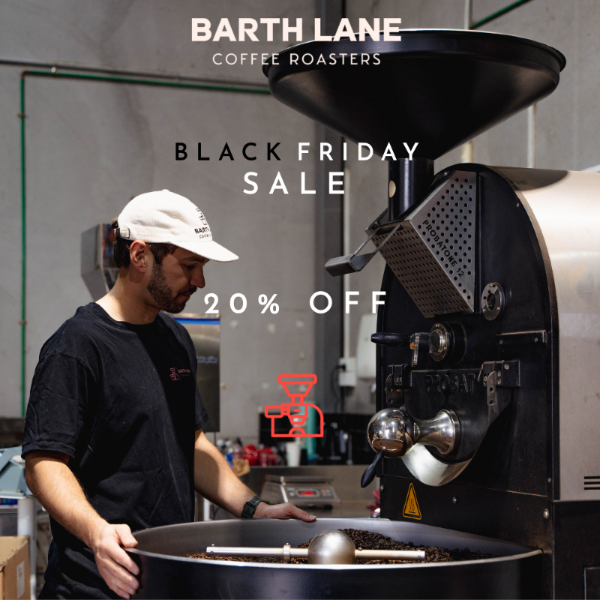 Barth Lane Coffee Roasters with a coffee roasting machine and promotional text for a Black Friday sale.